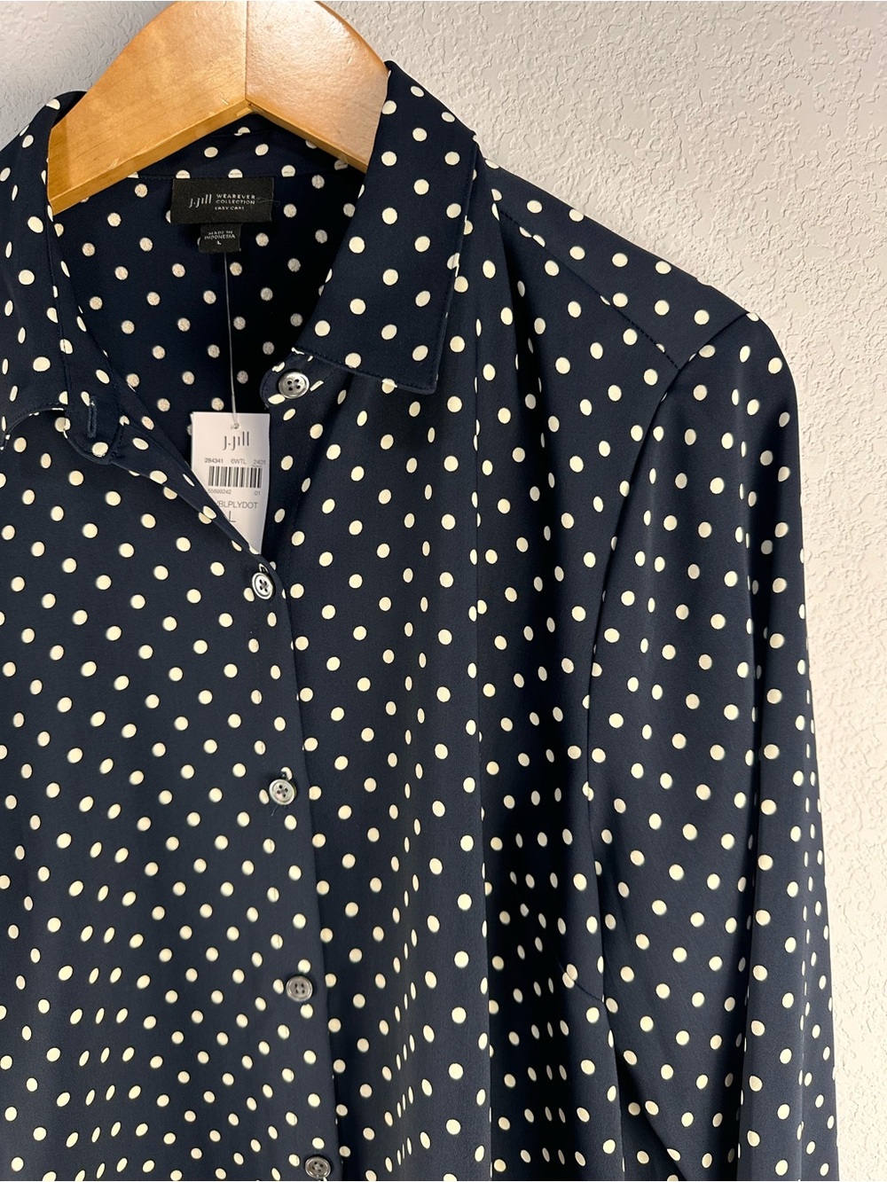 J. Jill Navy and White Polka Dot Long Sleeve Shirt Sz L - Picture 2 of 7